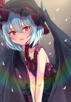  bat_wings black_dress black_headwear blue_hair collarbone dress hat highres katsukare mob_cap red_dress red_eyes remilia_scarlet short_hair smile touhou wings 