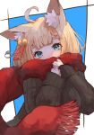  1girl ahoge animal_ears bell black_sweater blonde_hair blue_eyes covering_mouth hair_bell hair_ornament highres jingle_bell long_sleeves nyucha original red_scarf scarf short_hair solo sweater 