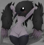  absurd_res anthro avian beak bird black_body black_feathers blush bottomless bottomless_female claws clothed clothing corvid corvus_(genus) crow crow_demon dark_souls feathers female flat_chested fromsoftware genitals hi_res legwear looking_at_viewer ornifex oscine passerine portrait pussy shadow simple_background small_waist smile solo thick_thighs thigh_highs three-quarter_portrait video_games zinzoa 