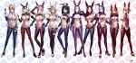  6+girls :d absurdres adapted_costume ahoge alternate_costume animal_ears artoria_pendragon_(fate) artoria_pendragon_(swimsuit_ruler)_(fate) ass ass_visible_through_thighs back bangs bare_shoulders black_hair blonde_hair blue_eyes blush bow bowtie braid breasts brown_hair choker commentary_request covered_nipples detached_sleeves earrings epaulettes ereshkigal_(fate) facial_mark fake_animal_ears fake_tail fate/apocrypha fate/grand_order fate/stay_night fate_(series) forehead forehead_mark french_braid frills full_body gold_trim green_eyes grey_hair hair_between_eyes hair_ribbon hand_on_hip headpiece heart_maebari heart_pasties high_heels highres hoop_earrings ishtar_(fate) jeanne_d&#039;arc_(fate) jeanne_d&#039;arc_(ruler)_(fate) jeanne_d&#039;arc_alter_(avenger)_(fate) jeanne_d&#039;arc_alter_(fate) jewelry kurozawa_yui large_breasts latex latex_legwear leonardo_da_vinci_(fate) long_hair looking_at_viewer looking_back maebari medium_breasts medusa_(fate) medusa_(rider)_(fate) meme_attire minamoto_no_raikou_(fate) miyamoto_musashi_(fate) multiple_girls navel nero_claudius_(fate) nero_claudius_(fate/extra) one_eye_closed open_mouth parted_bangs pasties pink_hair platform_footwear platform_heels ponytail puffy_sleeves purple_eyes purple_hair rabbit_ears rabbit_tail red_eyes red_ribbon revealing_clothes reverse_bunnysuit reverse_outfit ribbon shiny shiny_skin short_hair shoulder_blades shrug_(clothing) sidelocks skin_tight smile solo stomach swept_bangs tail thigh_gap thighs tiara two_side_up very_long_hair white_background wrist_cuffs yellow_eyes 