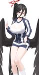  1girl :/ absurdly_long_hair absurdres black_choker black_hair black_wings blue_archive breasts choker closed_mouth feet_out_of_frame gym_shorts gym_uniform halo hasumi_(blue_archive) hasumi_(gym_uniform)_(blue_archive) high_ponytail highres holding holding_pen jacket kuyoumi large_breasts large_wings long_hair looking_at_viewer mole mole_under_eye official_alternate_costume pen red_eyes shirt shorts simple_background socks solo thighs track_jacket v-shaped_eyebrows very_long_hair white_background white_shirt white_socks wings 
