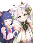  2girls :d ^_^ ^o^ absurdres animal_ears bangs bell black_hair blunt_bangs cat_ears cat_girl cat_tail closed_eyes commentary_request crossover extra_ears fake_animal_ears furude_rika genshin_impact gradient_hair grey_hair hair_between_eyes hair_ornament highres higurashi_no_naku_koro_ni kemonomimi_mode long_hair looking_at_viewer multicolored_hair multiple_girls nahida_(genshin_impact) nyxerebos paw_pose pointy_ears short_sleeves side_ponytail sidelocks skirt sleeveless smile suspender_skirt suspenders symbol-shaped_pupils tail voice_actor_connection 