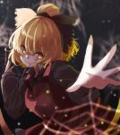  1girl absurdres blonde_hair blurry bow brown_dress dress fingernails gumi_(fwjn7284) hair_bow highres kurodani_yamame nail_polish open_hand outstretched_arm outstretched_hand short_hair solo touhou 