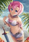  1girl asymmetrical_bangs bangs beach belt bikini blue_eyes blush bracelet breasts flower from_above hair_between_eyes highres jewelry looking_at_viewer minakami_mimimi navel ocean open_clothes open_shorts original palm_leaf parted_bangs pink_hair short_hair short_shorts shorts small_breasts solo stomach swimsuit sword weapon white_bikini white_shorts 