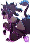  1girl animal_ears artist_logo bangs bare_shoulders belt big_hair blue_eyes cerberus_(kemono_friends) collar cutoffs dog_ears elbow_gloves fangs fingerless_gloves fingernails from_side full_body gloves hair_between_eyes kemono_friends kishida_shiki leaning_forward lizard_tail looking_up one_knee open_mouth pantyhose pantyhose_under_shorts ribs shoes short_shorts shorts simple_background smile solo spiked_collar spikes stomach strapless tail thigh_belt thigh_strap tube_top white_background 