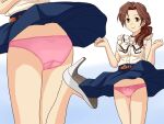  1girl ass bangs belt black_choker blue_skirt bow bow_panties brown_belt brown_eyes brown_hair choker closed_mouth clothes_lift commentary_request commission crotch_seam frilled_shirt frills hair_over_shoulder high-waist_skirt high_heels idolmaster idolmaster_cinderella_girls kawashima_mizuki leg_up lielos looking_at_viewer low_ponytail medium_hair miniskirt multiple_views panties pantyshot parted_bangs partial_commentary pink_panties pixiv_request shirt skirt skirt_lift sleeveless sleeveless_shirt smile standing standing_on_one_leg underwear w_arms white_footwear wind wind_lift 