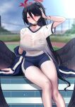  1girl absurdres arm_up black_choker black_hair black_wings blue_archive blue_jacket blue_shorts blue_sky blurry blurry_background blush breasts choker closed_mouth feathered_wings feet_out_of_frame gym_uniform halo hand_on_own_head hasumi_(blue_archive) hasumi_(gym_uniform)_(blue_archive) highres huge_breasts jacket long_hair looking_at_viewer low_wings mcic0 mole mole_under_eye off_shoulder open_clothes open_jacket outdoors ponytail red_eyes see-through shirt short_shorts short_sleeves shorts sitting sky smile solo thighs track_jacket very_long_hair white_shirt wings 