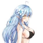  ahoge bangs bikini black_bikini blue_hair braid breasts esan_(llamaesan) flower from_side hair_flower hair_ornament heart heart_ahoge hololive large_breasts long_hair open_mouth pointy_ears sidelocks smile standing straight_hair swimsuit virtual_youtuber white_background yukihana_lamy 