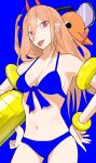  1girl 1other bikini blonde_hair blue_background blue_bikini chainsaw chainsaw_man cross-shaped_pupils fangs hands_on_hips highres holding holding_innertube horns inflatable_armbands innertube long_hair looking_at_viewer midriff pochita_(chainsaw_man) power_(chainsaw_man) red_eyes red_horns sailen0 side_ponytail simple_background solo_focus swimsuit tongue tongue_out 