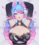  1girl animal_ear_fluff animal_ears arms_behind_head blue_eyes breasts cleavage cleavage_cutout clothing_cutout detached_sleeves flower gradient_hair hair_flower hair_ornament highres indie_virtual_youtuber large_breasts long_hair lying multicolored_hair nanoless on_back one_eye_closed petals pink_hair silvervale tongue tongue_out virtual_youtuber vshojo watermark wolf_ears wolf_girl 