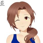  1girl ;) brown_hair hair_over_shoulder highres idolmaster idolmaster_cinderella_girls kawashima_mizuki long_hair looking_at_viewer one_eye_closed oxicmar ponytail sleeveless smile solo upper_body white_background yellow_eyes 