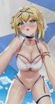  1girl azur_lane bikini blonde_hair blue_choker blue_eyes blush breasts chest_tattoo choker cross cross_choker from_below full-face_blush highres jeanne_d&#039;arc_(azur_lane) jeanne_d&#039;arc_(saintess_of_the_sea)_(azur_lane) large_breasts layered_bikini long_hair looking_at_viewer looking_down multi-strapped_bikini namako32 official_alternate_costume pubic_tattoo solo swimsuit tattoo white_bikini 