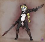  2019 anthro arm_armor black_body black_nose blonde_hair blood_on_face blue_eyes bone bone_necklace bottomwear braided_hair braided_ponytail breasts clothed clothing countershade_face countershade_torso countershading female front_view giant_panda hair hi_res holding_knife holding_object holding_sword holding_weapon jalka jewelry knife leg_armor lichfang loincloth mammal melee_weapon multicolored_body navel necklace nipples partially_clothed plantigrade pregnant pregnant_female simple_background skull_symbol solo spikes standing sword two_tone_body ursid weapon white_body 