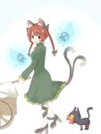  1girl :d animal_ears bow braid cat cat_ears dress from_side green_dress gumi_(fwjn7284) hair_bow highres hitodama kaenbyou_rin leg_ribbon litten nekomata pokemon red_eyes red_hair ribbon smile touhou twin_braids wheelbarrow 