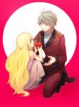  1boy 1girl :d aki_(neyuki41028) aldnoah.zero apple asseylum_vers_allusia blonde_hair blue_eyes dress eye_contact food fruit full_body green_eyes grey_dress grey_hair holding holding_food holding_fruit jacket jewelry long_hair long_sleeves looking_at_another looking_down looking_up military military_jacket military_uniform one_knee open_mouth pants pendant red_apple red_background red_jacket red_pants short_hair slaine_troyard sleeveless sleeveless_dress smile squatting straight_hair two-tone_background uniform very_long_hair white_background 