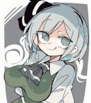  1girl :q ascot black_ascot black_hairband breasts closed_mouth ghost green_eyes grey_background grey_hair hairband konpaku_youmu konpaku_youmu_(ghost) large_breasts looking_at_viewer massakasama short_hair smile solo tongue tongue_out touhou upper_body 