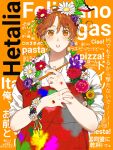  1boy ahoge apron axis_powers_hetalia bishounen bodypaint brown_eyes brown_hair bug butterfly butterfly_on_head character_name copyright_name earrings flower flower_earrings german_flag head_wreath highres holding holding_paintbrush italian_flag italian_text jewelry leaf lily_(flower) male_focus multicolored_hair northern_italy_(hetalia) orange_background paint_on_clothes paintbrush parted_lips purple_flower red_apron red_flower red_rose rose straight-on tareme two-tone_hair wokikoyu111 