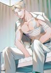  1boy bandaged_chest bed blonde_hair formal grey_pants grey_suit haine_(xo_hin) highres hospital_bed indoors jacket jacket_on_shoulders jacket_removed jujutsu_kaisen looking_at_viewer male_focus muscular muscular_male nanami_kento on_bed pants pectorals short_hair sitting solo suit 