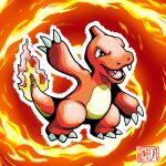  artist_logo artist_name bright_pupils charmeleon claws colored_skin fangs fire full_body highres inker_dog no_humans non-web_source open_mouth outline pokemon pokemon_(creature) pokemon_(game) red_background red_skin self_upload tongue white_outline 