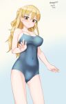  1girl absurdres blonde_hair blue_background blue_one-piece_swimsuit braid breasts brown_eyes competition_swimsuit contrapposto covered_navel cowboy_shot gradient gradient_background highres kantai_collection large_breasts long_hair looking_at_viewer maru_(marg0613) one-hour_drawing_challenge one-piece_swimsuit side_braid solo standing swimsuit wavy_hair white_background zara_(kancolle) 