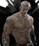 1boy abs bara beard body_markings dead_by_daylight dopey_(dopq) facial_hair highres large_pectorals male_focus mature_male muscular muscular_male navel pectorals short_hair solo topless_male upper_body vittorio_toscano white_hair 