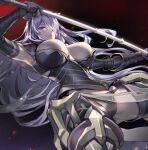  1girl armor armored_boots black_armor black_panties boots breasts camilla_(fire_emblem) commission elbow_gloves fire_emblem fire_emblem_fates gauntlets gloves hair_over_one_eye holding holding_weapon large_breasts long_hair open_mouth panties purple_hair skeb_commission solo tiara underwear very_long_hair wavy_hair weapon zunta 