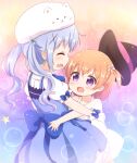  2girls :d ^_^ age_regression aged_down angora_rabbit animal_on_head araki495 bare_arms bare_shoulders black_headwear blue_bow blue_dress blue_flower blue_hair blush bow brown_hair child closed_eyes commentary_request dress flower gloves gochuumon_wa_usagi_desu_ka? hair_flower hair_ornament hat hat_removed headwear_removed highres hoto_cocoa kafuu_chino long_hair magical_girl multiple_girls on_head one_side_up open_mouth pink_flower pleated_dress profile puffy_short_sleeves puffy_sleeves purple_eyes rabbit revision shirt short_sleeves sleeveless sleeveless_dress smile star_(symbol) time_paradox tippy_(gochiusa) twintails white_dress white_gloves white_shirt witch_hat x_hair_ornament 
