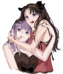  2girls alternate_costume bare_shoulders black_bow black_nails blue_eyes bow breasts brown_hair candy cleavage commentary_request cropped_torso dress fate/stay_night fate_(series) food hair_bow head_hug highres light_blush long_hair matou_sakura mouth_hold multiple_girls purple_eyes purple_hair red_dress siblings sisters strapless strapless_dress tohsaka_rin two_side_up ubwmitekure valentine white_background 