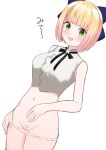  1girl blonde_hair blush bow breasts green_eyes hair_bow highres hololive large_breasts looking_at_viewer momosuzu_nene nanamiya_natsumi navel official_alternate_costume official_alternate_hairstyle open_mouth panties panty_pull pubic_hair smile solo underwear virtual_youtuber 