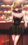  1girl alternate_costume arm_rest bar_(place) black_dress blue_eyes blurry blurry_background bob_cut breasts champagne_flute cleavage collarbone cup dress drinking_glass feet glint green_eyes heterochromia highres idolmaster idolmaster_cinderella_girls jewelry ko-ki_(kkk51617587) leaning_back lens_flare light_smile looking_at_viewer medium_breasts mole mole_under_eye necklace pearl_necklace signature solo strapless strapless_dress takagaki_kaede 