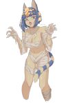  2022 animal_crossing ankha_(animal_crossing) anthro bandage bandaged_chest bandaged_hand blue_eyes blue_hair breasts claws cokedoggy domestic_cat eyelashes felid feline felis female fur glistening glistening_body hair hi_res long_ears looking_at_viewer mammal markings mostly_nude narrowed_eyes navel nintendo open_mouth raised_arms short_hair simple_background solo standing striped_markings striped_tail stripes tail_markings teeth teeth_visible tongue tongue_out uraeus video_games watermark wrappings yellow_body yellow_fur 
