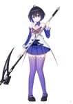  1girl absurdres ahoge bangs bare_shoulders black_footwear blue_eyes blue_hair bob_cut closed_mouth dress full_body highres holding holding_scythe holding_weapon honkai_(series) honkai_impact_3rd long_hair looking_at_viewer lrichle purple_sleeves purple_thighhighs scythe seele_vollerei seele_vollerei_(swallowtail_phantasm) short_hair simple_background smile solo tattoo thighhighs weapon white_background white_dress 