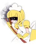  angry apron blonde_hair chicken-rib doris_1_(warioware) gloves highres humanization maid short_hair solo white_background yellow_gloves 