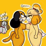  1:1 2022 animal_crossing anthro big_breasts big_butt black_nose blonde_hair breasts brown_nose butt canid canine canis collar cross-popping_vein dialogue digital_media_(artwork) domestic_dog duck_hunt duck_hunt_dog eye_contact female fur grey_body grey_fur group hair hi_res huntress_(lewdewott) isabelle_(animal_crossing) lewdewott looking_at_another mammal multicolored_body multicolored_fur nintendo nipples orange_body orange_ears orange_fur shih_tzu short_stack side_view simple_background thick_thighs toy_dog trio video_games white_body white_fur wide_hips yellow_background yellow_body yellow_fur 