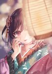  1girl bangs black_hair blurry blurry_background frills hair_between_eyes hair_ornament hair_ribbon hand_on_own_cheek hand_on_own_face highres hutaba_miyagi japanese_clothes kimono lantern looking_at_viewer multicolored_clothes paper_lantern pink_eyes project_sekai red_eyes ribbon shinonome_ena short_hair tongue tongue_out 