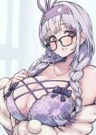  1girl bare_shoulders black-framed_eyewear braid breasts cleavage glasses hairband indie_virtual_youtuber jacket jacket_partially_removed jewelry large_breasts long_hair looking_at_viewer mi2mi2_minmi mole mole_under_eye necklace purple_eyes solo twin_braids virtual_youtuber yomi_tsumugiha 