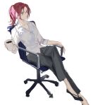  1girl aozaki_touko black_footwear breasts chair cleavage coffee collared_shirt crossed_legs dress_shirt from_side grey_pants highres kara_no_kyoukai medium_breasts office_chair pants red_eyes red_hair shirt smile solo ubwmitekure white_shirt 