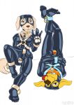  ankle_cuffs anthro bandanna beastars bodysuit bojack_horseman bulge bulge_grab clothing cuff_(restraint) duo feet_up footprint harness hi_res jack_(beastars) kandlin kerchief latex male male/male mr._peanutbutter netflix pawprint restraints skinsuit tight_clothing wrist_cuffs 