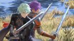  2boys absurdres armor byleth_(fire_emblem) byleth_(fire_emblem)_(male) cape closed_mouth dual_wielding fire_emblem fire_emblem:_three_houses fire_emblem_warriors:_three_hopes gloves green_hair hair_ornament hair_over_one_eye highres holding long_sleeves medium_hair multiple_boys purple_eyes purple_hair shez_(fire_emblem) shez_(fire_emblem)_(male) short_hair simple_background snowscapism weapon 