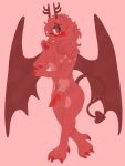  anthro balls blush breasts brown_eyes claws demon erection eyewear female fluffy fur genitals glasses hi_res horn knot membrane_(anatomy) membranous_wings nipples nude penis red_body red_fur red_penis simple_background solo spade_tail spots trans_(lore) trans_woman_(lore) wings wywyrm 