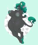  anthro belly big_breasts black_body black_fur bodily_fluids bovid bovine breast_grab breast_milking breasts cattle cloven_hooves curvy_figure female fur genitals green_hair hair hand_on_breast hi_res hooves lactating looking_pleasured mammal milk nipples onnanoko open_mouth projectile_lactation pussy slightly_chubby solo thick_thighs voluptuous wide_hips 