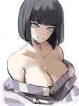  1girl bare_shoulders black_hair breasts cleavage closed_mouth highres hyuuga_hinata large_breasts naruto naruto_(series) rakeemspoon short_hair simple_background sleeveless smile solo strapless white_background white_eyes 