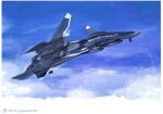  aircraft airplane canopy_(aircraft) cloud ffr-41mr fighter_jet flying highres jet military military_vehicle no_humans sentou_yousei_yukikaze sky solo twitter_username vehicle_focus yamashita_ikuto 