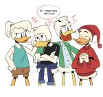  2020 anatid anseriform anthro avian beak bird bottomless clothed clothing crossed_arms della_duck dialogue disney donald_duck duck ducktales ducktales_(2017) english_text eyebrows feathers female fethry_duck gladstone_gander group hair hi_res male mebsann ponytail portrait shirt simple_background standing tank_top text thought_bubble three-quarter_portrait topwear white_background white_body white_feathers yellow_beak 