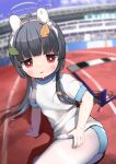  1girl bangs black_hair blue_archive blue_buruma blurry blurry_background blush buruma commentary_request day depth_of_field gym_shirt gym_uniform halo headgear highres leaf leaf_on_head long_hair looking_at_viewer miyu_(blue_archive) mugichoko_(mugi_no_choko) outdoors pantyhose parted_lips puffy_short_sleeves puffy_sleeves red_eyes shirt short_sleeves solo sweat thighband_pantyhose very_long_hair wavy_mouth white_pantyhose white_shirt 