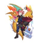  1boy absurdres cape colored_skin commentary dragonite full_body highres holding holding_poke_ball horns lance_(pokemon) looking_at_viewer male_focus official_art orange_skin poke_ball poke_ball_(basic) pokemon pokemon_(creature) pokemon_(game) pokemon_hgss red_hair saitou_naoki single_horn smile standing symbol-only_commentary white_background wings 