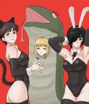  3girls absurdres akane_sawatari_(chainsaw_man) animal_ear_headwear animal_ears black_eyes black_hair black_leggings blonde_hair brown_eyes brown_hair cat_ears chainsaw_man dd36051 detached_collar ear_piercing eyepatch fake_animal_ears forked_tongue highres himeno_(chainsaw_man) leggings madoka&#039;s_partner_(chainsaw_man) multiple_girls piercing playboy_bunny rabbit_ears red_background red_eyes simple_background slit_pupils smile snake_costume tongue 