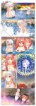  2girls 4girls absurdres bath bathing breasts character_request closed_eyes fang fireworks hair_ornament highres houchi_shoujo long_hair mery_(yangmalgage) multiple_girls onsen open_mouth pointy_ears red_hair splashing towel twintails water_drop wet white_hair yellow_eyes 