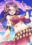  1girl armlet bracelet breasts cloud commentary demon_horns glasses highres hip_bones horns in_water jewelry kaiba_tomoyuki nanaka_(princess_connect!) navel ocean one_eye_closed open_mouth princess_connect! purple_eyes purple_hair sky swimsuit thighs twintails 