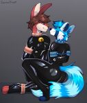  ailurid anthro arms_bent arms_tied bell bell_collar bent_legs blue_body blue_collar blue_eyes blue_fur blue_nose bound brown_hair butt clothing collar duo facing_each_other feet_bound fur hair hands_behind_back hi_res lagomorph legs_tied leporid looking_at_another male male/male mammal markings nican pink_collar rabbit red_nose red_panda ring_(marking) ringtail rubber rubber_clothing rubber_suit sairusfrost smile smiling_at_each_other straddling tail_markings white_body white_fur zenith_(zenitho_o) 